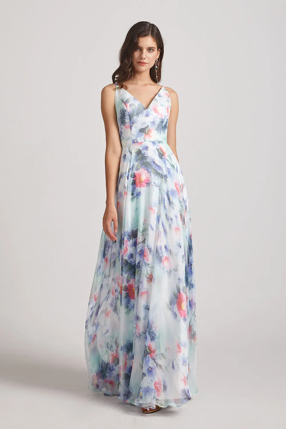 Chiffon Blue Flower Print Bridesmaid Dresses (AF0126)