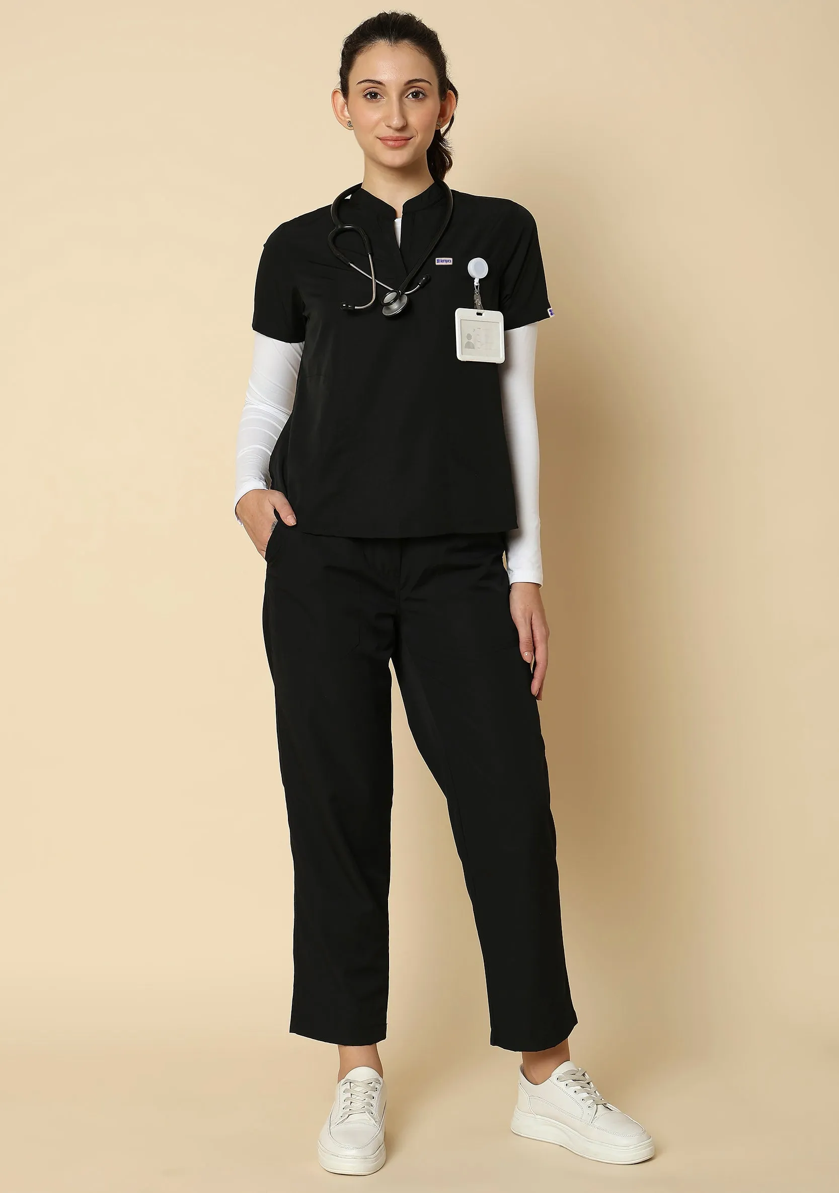 Classic Women's 5-Pocket Mandarin Collar (Black) Scrub