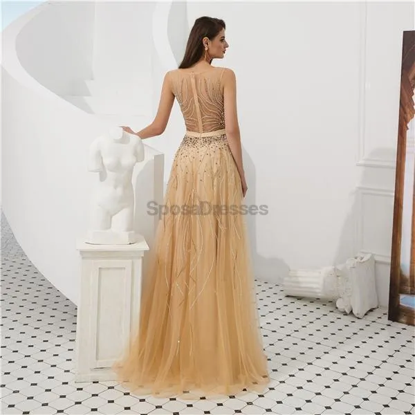 Cowl See Through Gold Beaded A-line Evening Prom Dresses, Evening Party Prom Dresses, 12093