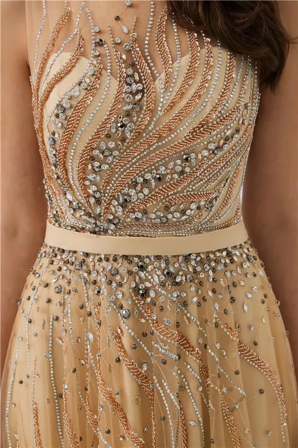 Cowl See Through Gold Beaded A-line Evening Prom Dresses, Evening Party Prom Dresses, 12093