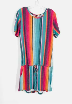 Crazy Train Size XL Teal/Multi Stripe Cinched Dresses Romper