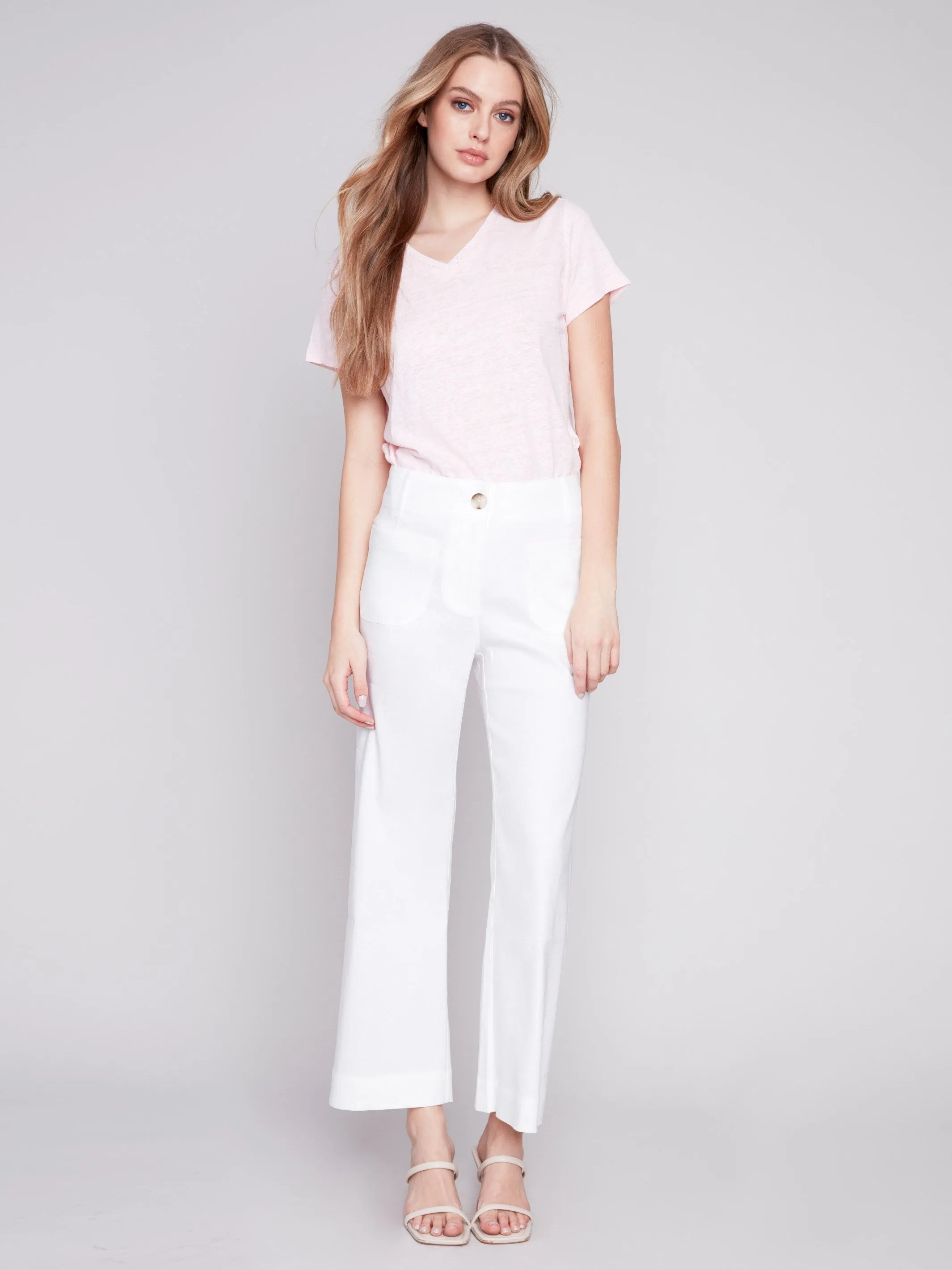 Cropped Linen Blend Pants - White