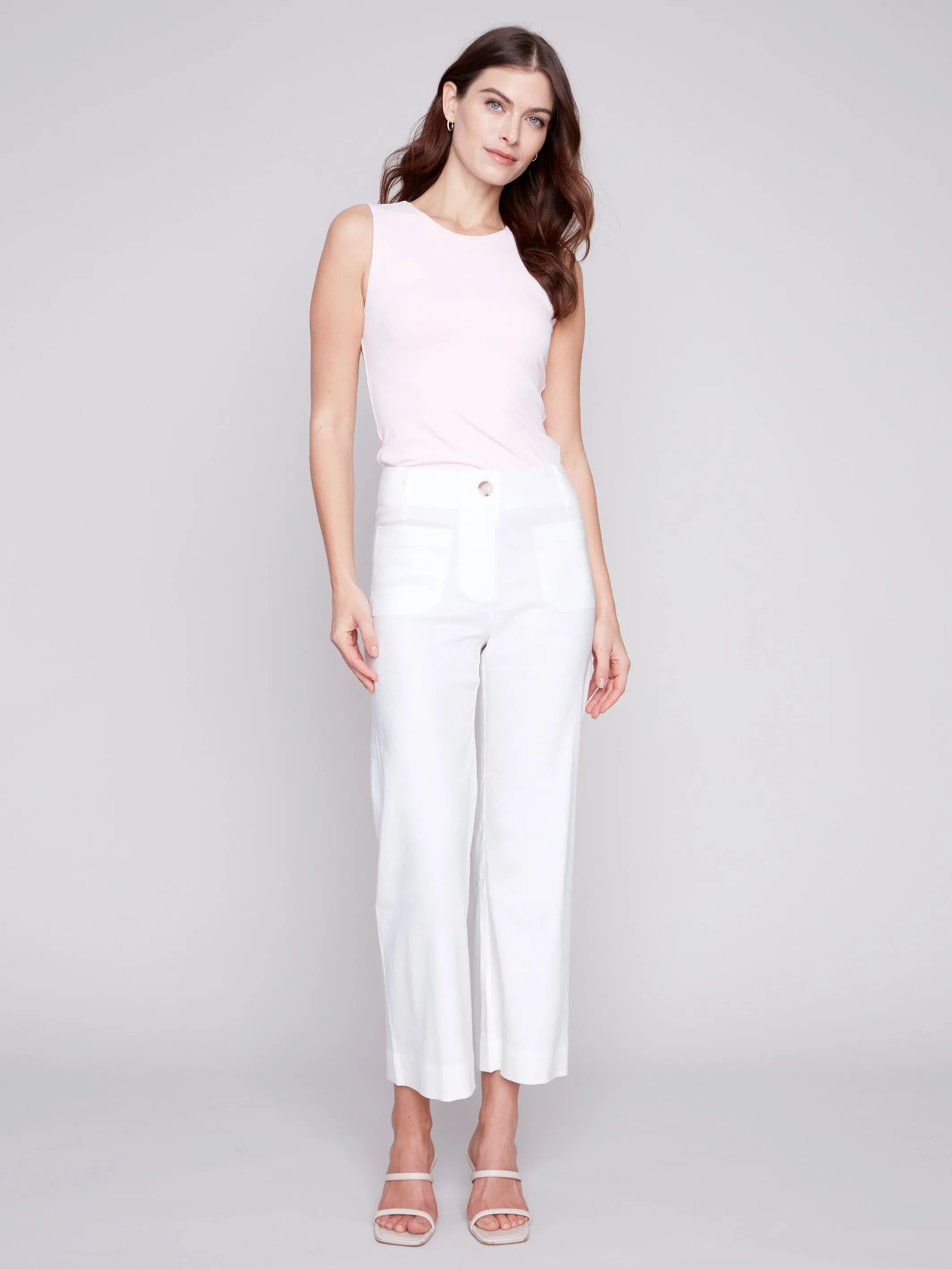 Cropped Linen Blend Pants - White