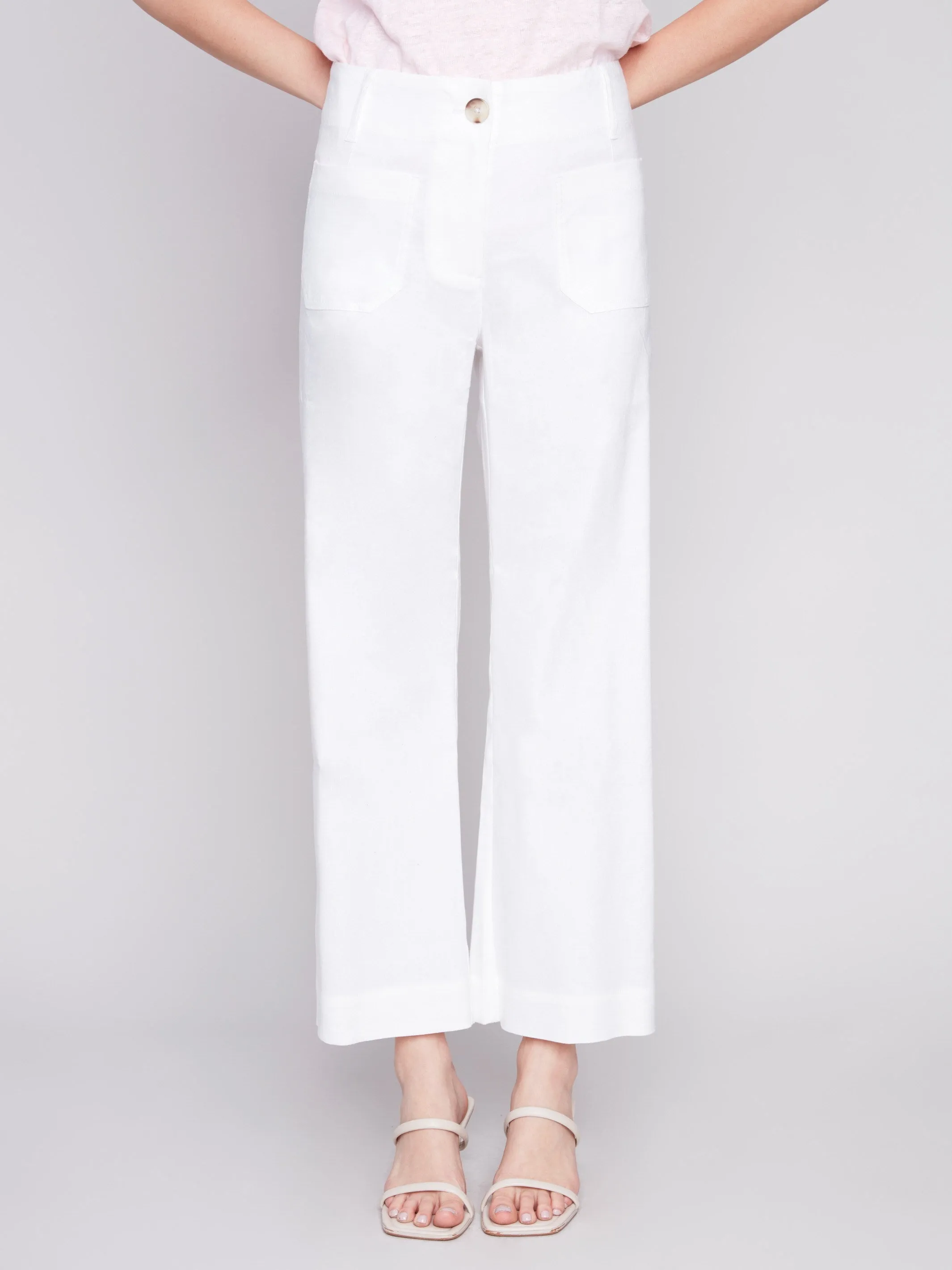 Cropped Linen Blend Pants - White