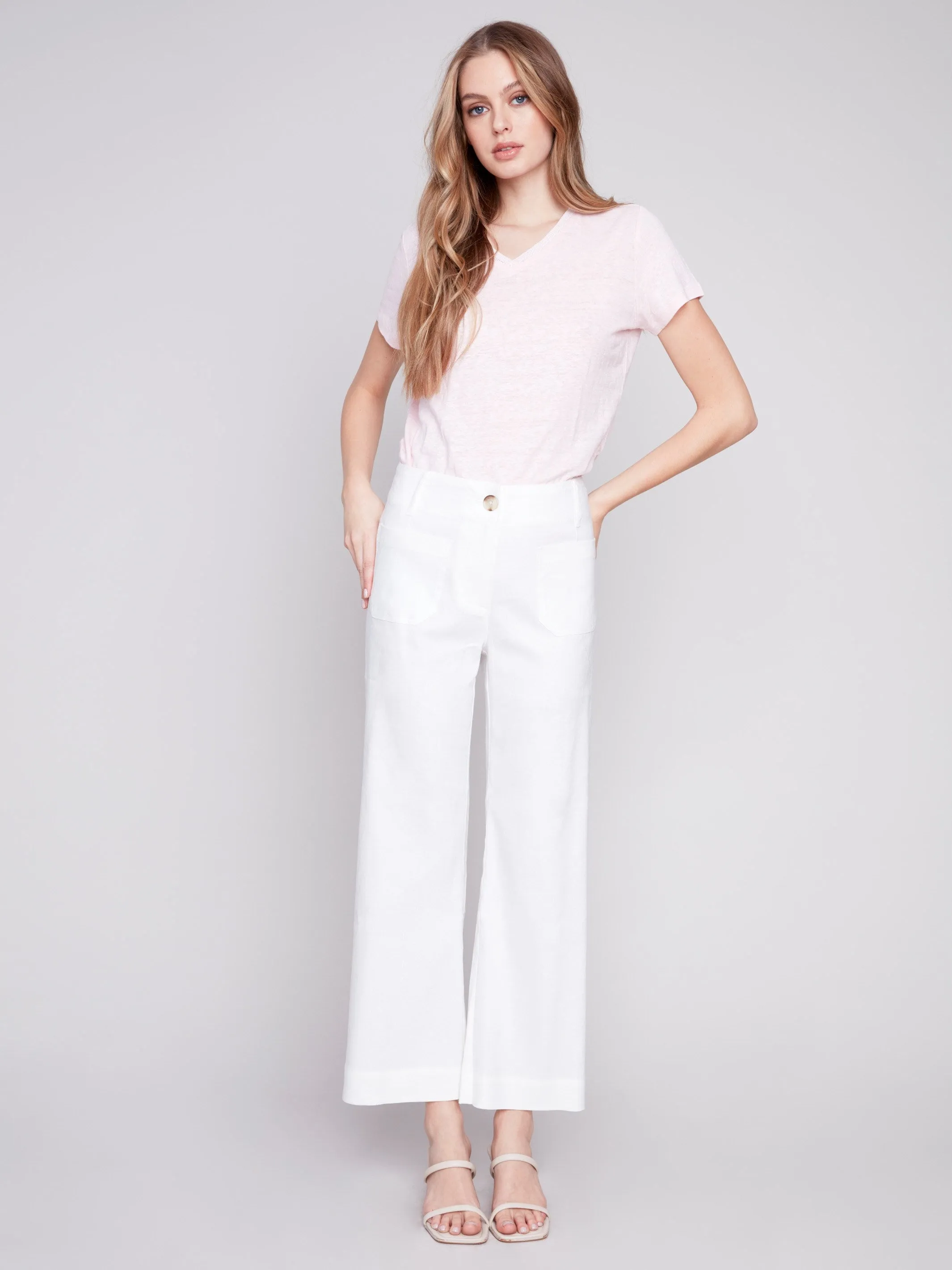 Cropped Linen Blend Pants - White