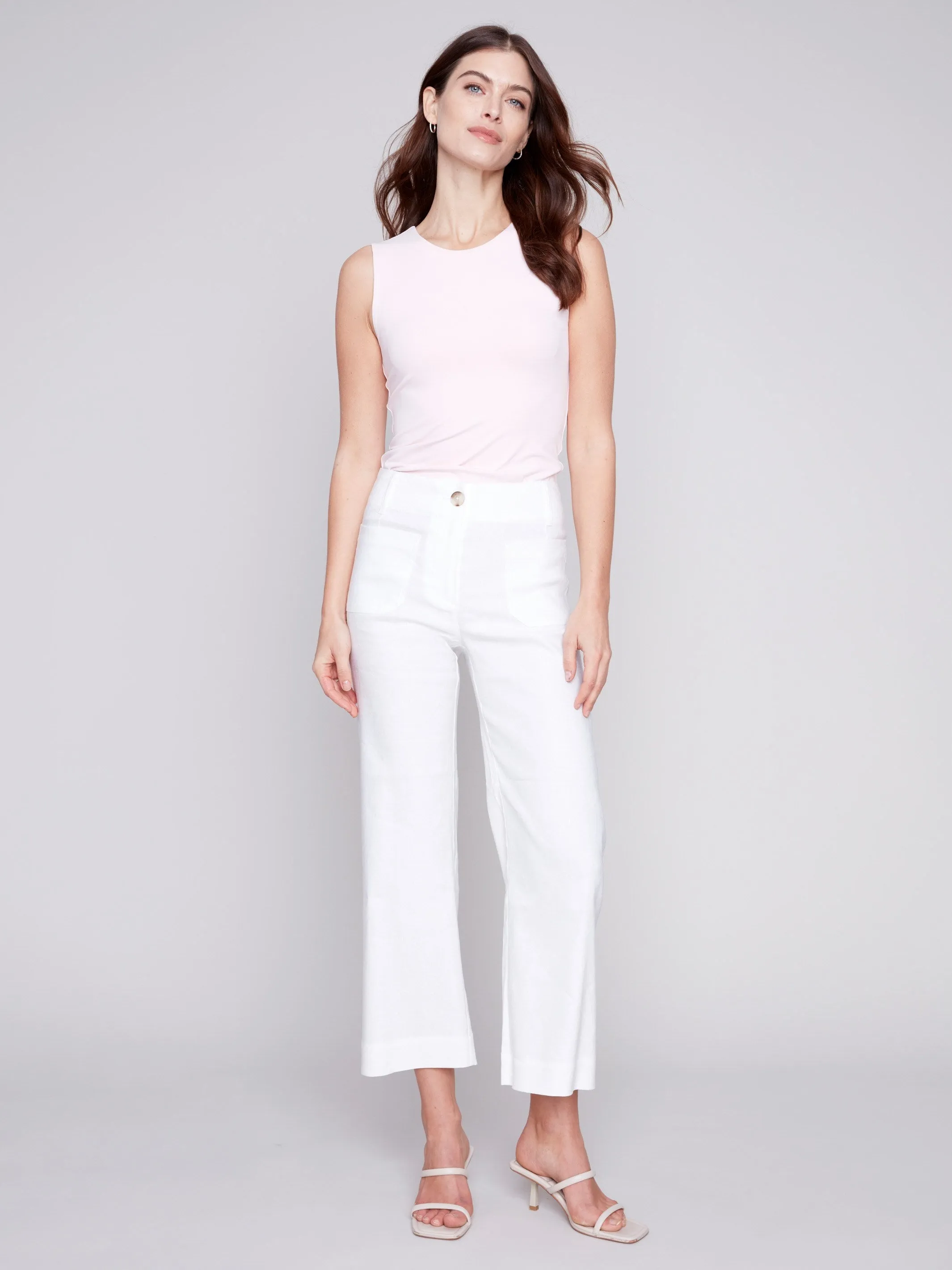 Cropped Linen Blend Pants - White