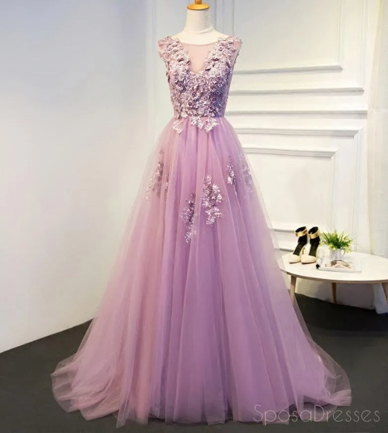 Custom Formal Pink Lace A-line Long Evening Prom Dresses, 17669