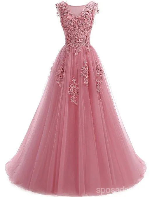 Custom Formal Pink Lace A-line Long Evening Prom Dresses, 17669