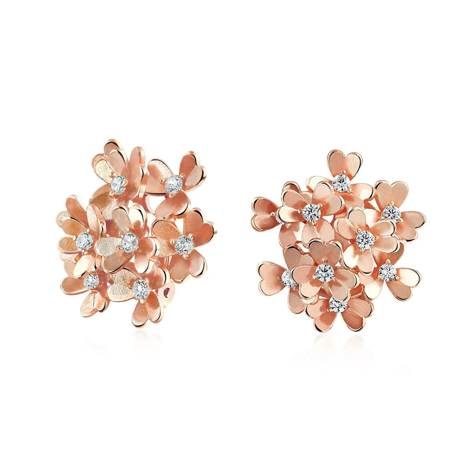 CZ Accent Bouquet Flower Clip On Earrings Silver Rose Gold Silver Plated Set