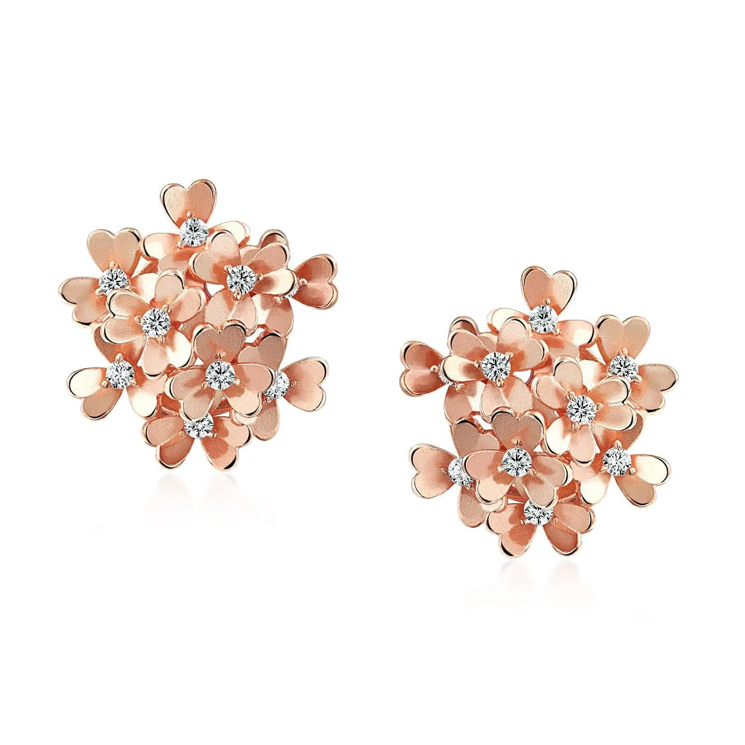 CZ Accent Bouquet Flower Clip On Earrings Silver Rose Gold Silver Plated Set