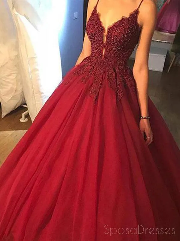 Dark Red A line Lace Beaded V Neckline Long Evening Prom Dresses, Long Party Prom Dresses, 17274