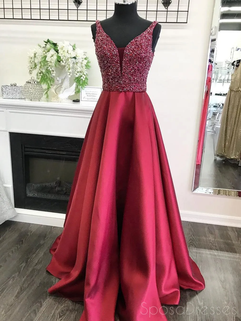 Dark Red Deep V Neckline Heavily Beaded A line Long Evening Prom Dresses, Popular Cheap Long 2018 Party Prom Dresses, 17261