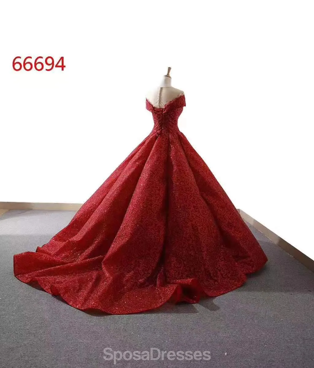 Dark Red Jewel Off Shoulder Ball Gown Long Evening Prom Dresses, Evening Party Prom Dresses, 12213