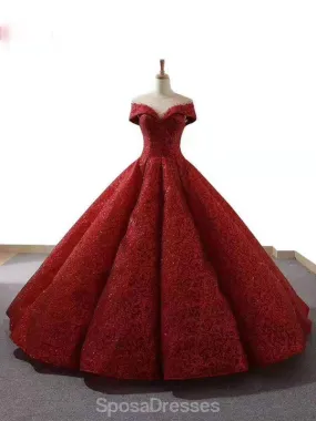 Dark Red Jewel Off Shoulder Ball Gown Long Evening Prom Dresses, Evening Party Prom Dresses, 12213