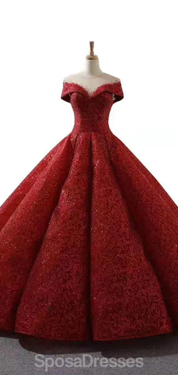 Dark Red Jewel Off Shoulder Ball Gown Long Evening Prom Dresses, Evening Party Prom Dresses, 12213