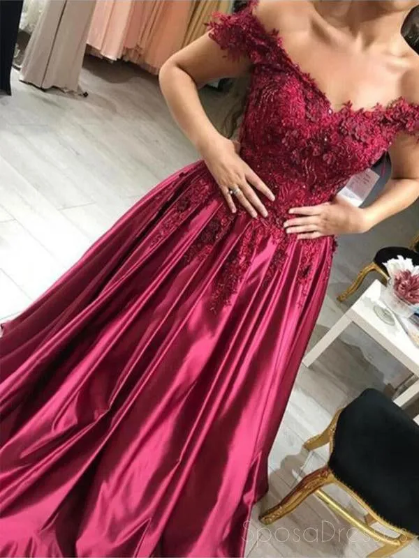 Dark Red Off Shoulder Lace A line Long Evening Prom Dresses, 17468