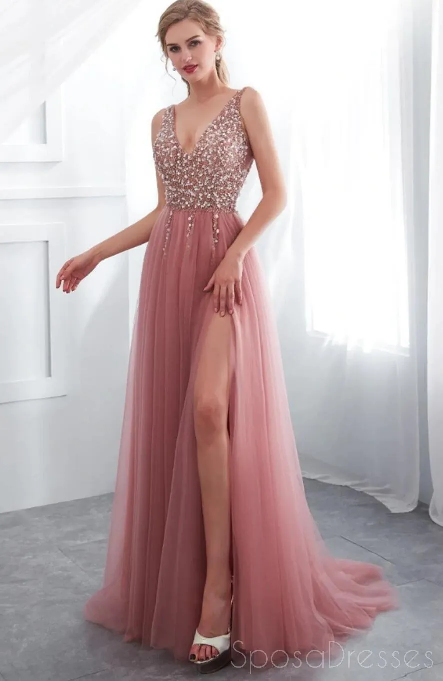 Dusty Pink V Neck Side Slit Beaded Long Evening Prom Dresses, Cheap Custom Sweet 16 Dresses, 18519