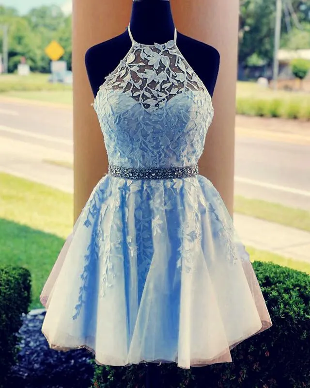 Elegant Tulle Homecoming Dresses Lace Embroidery Cross Back