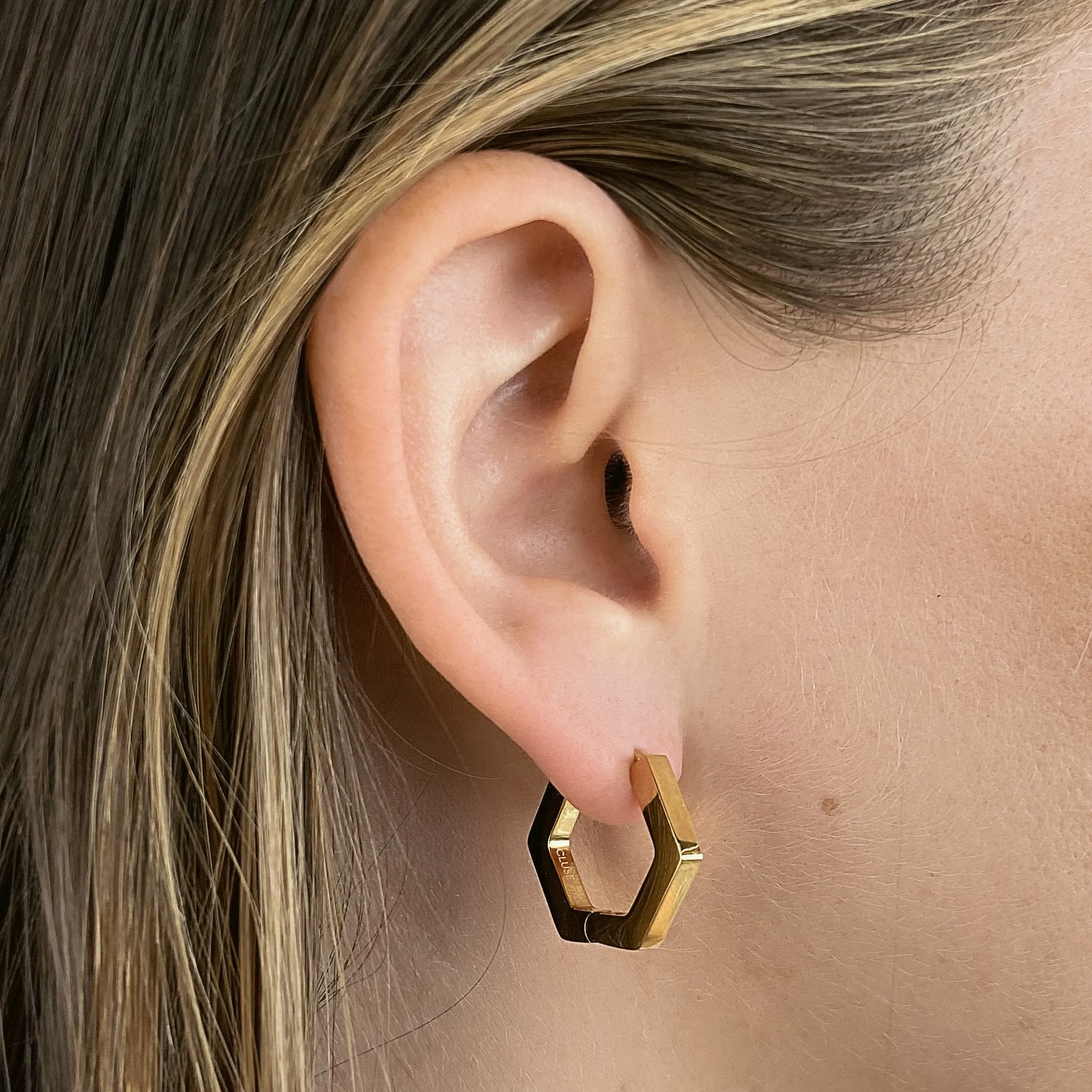 Essentielle Hexagon Medium Hoop Earrings, Gold Colour