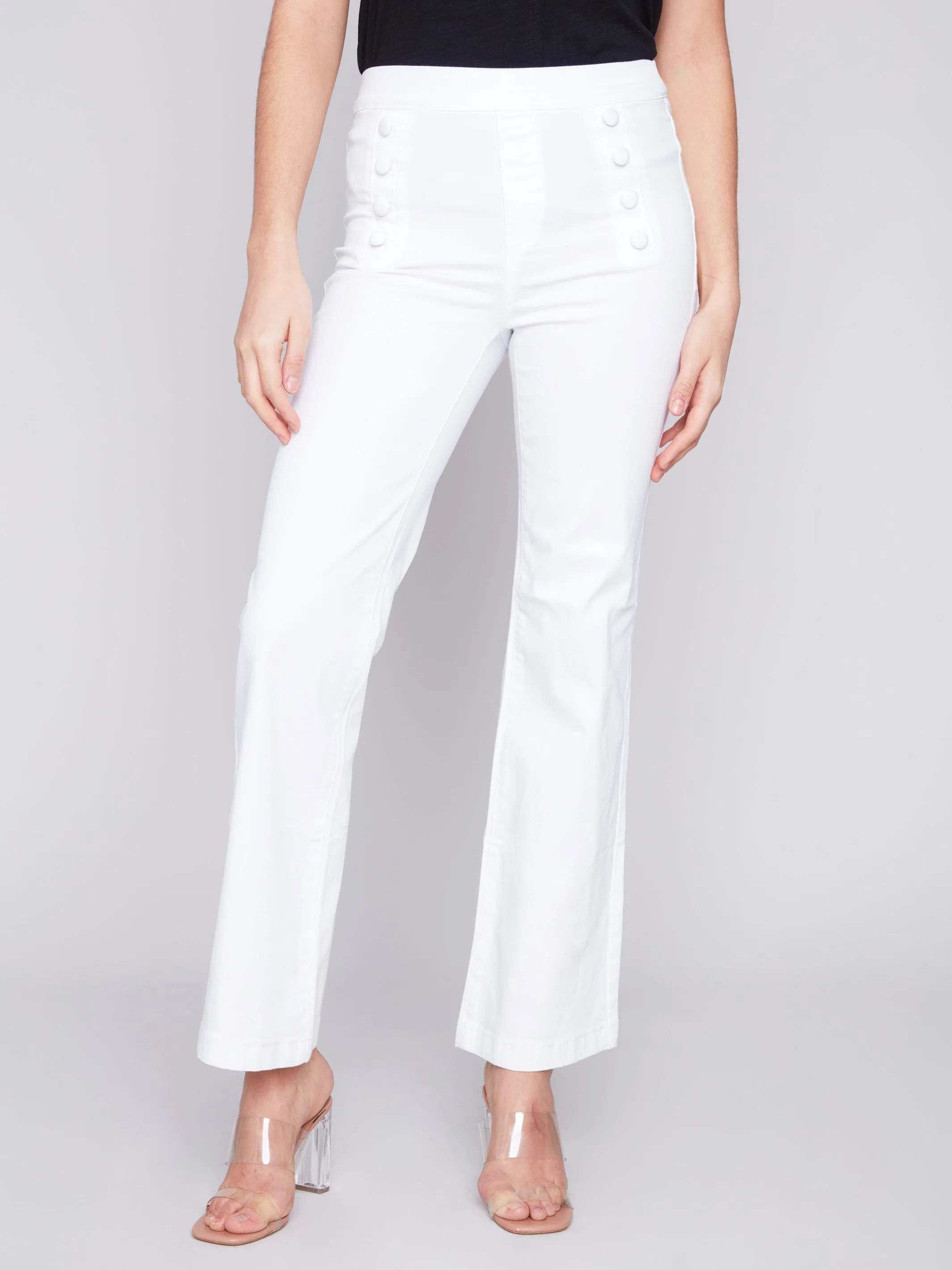 Flare Twill Pants with Decorative Buttons - White