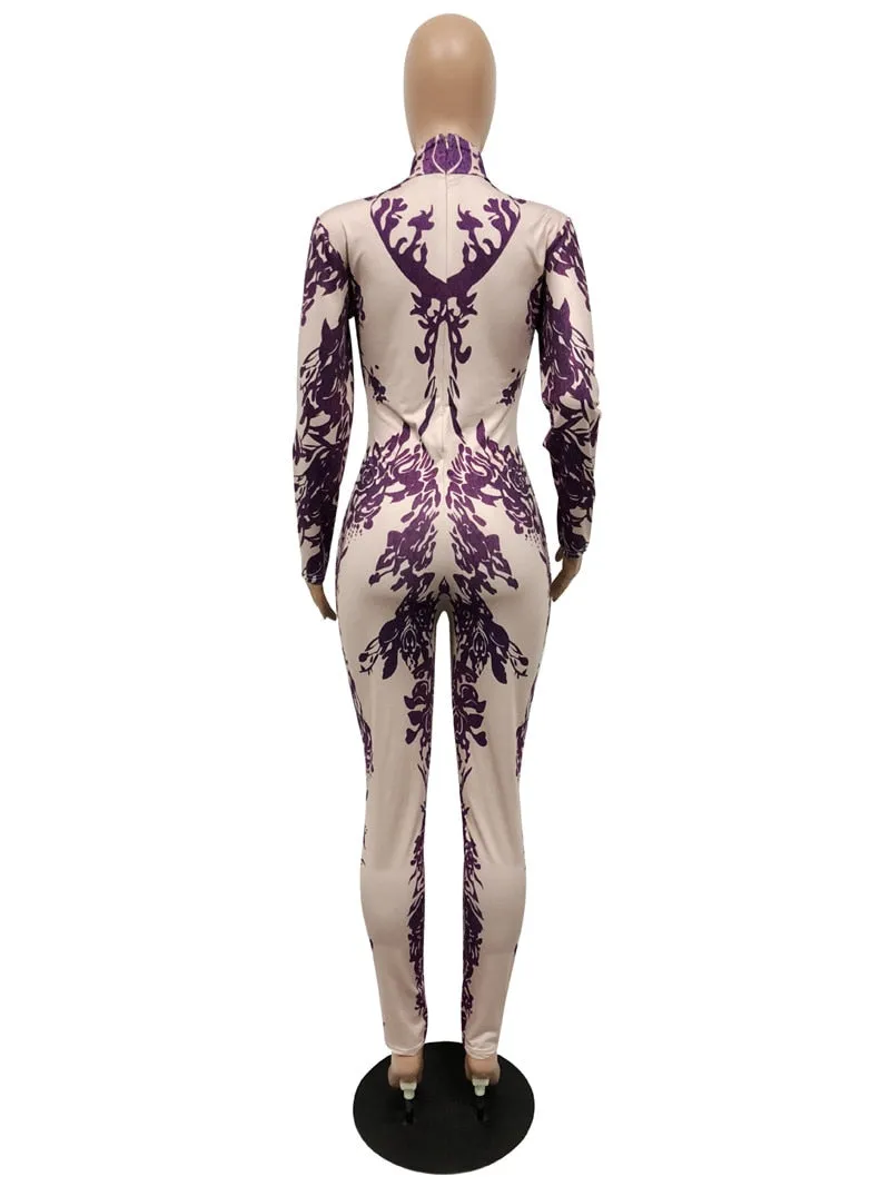 Floral Printed Bodycon Tight Nightclub Jumpsuit