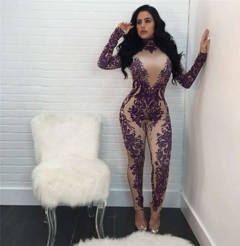 Floral Printed Bodycon Tight Nightclub Jumpsuit