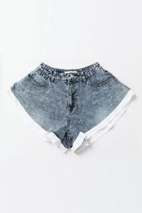 GAWQO Contrast Trim Pocketed Acid Wash Denim Shorts