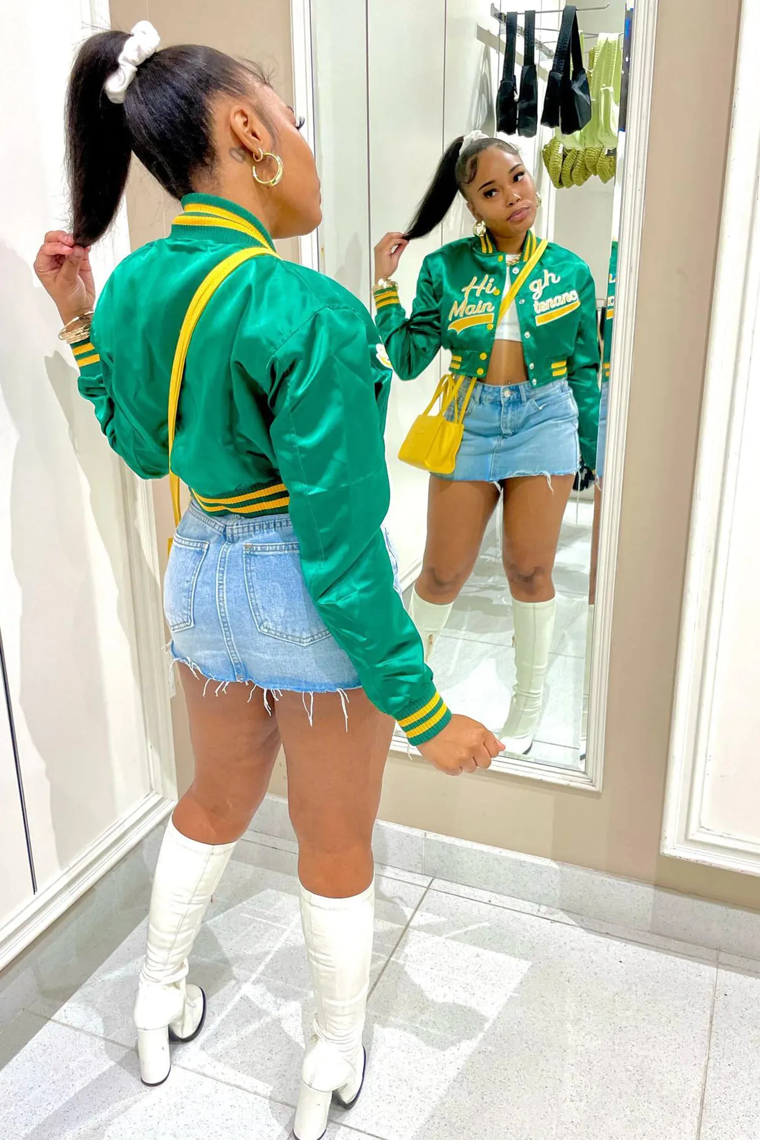 Green Cropped Varsity Baseball Jacket