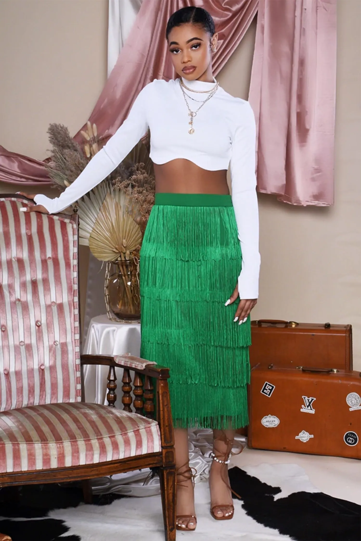 Green High Waisted Midi Fringe Skirt