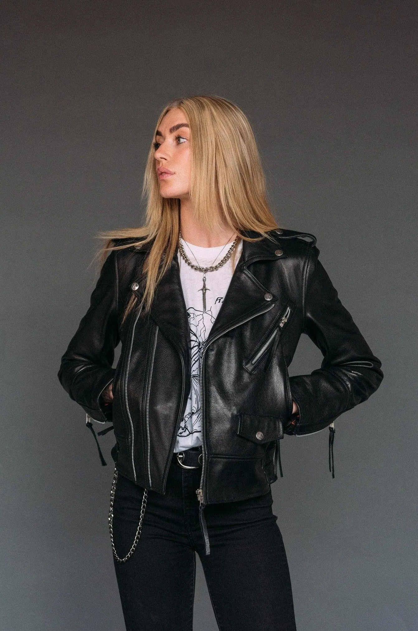 Hell Babes Stylish Baddie Cowhide Leather Jacket - Available in Large & XL, Final Sale, Same Day Shipping