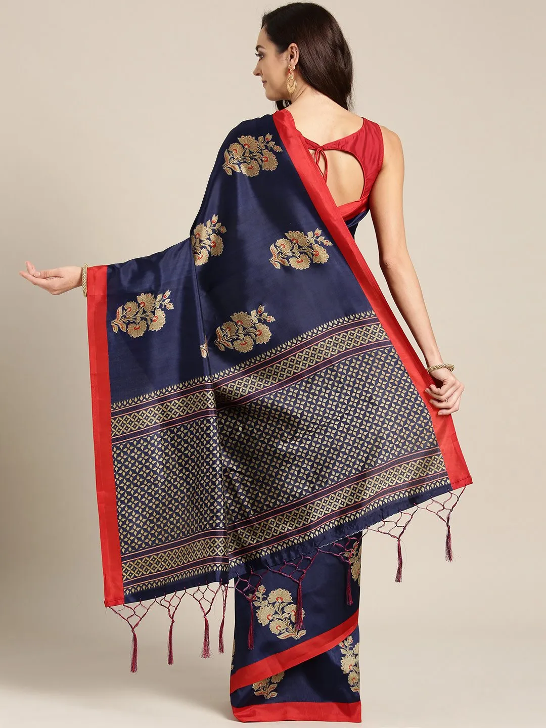 Ishin Art Silk Navy Blue Floral Printed Women's Saree