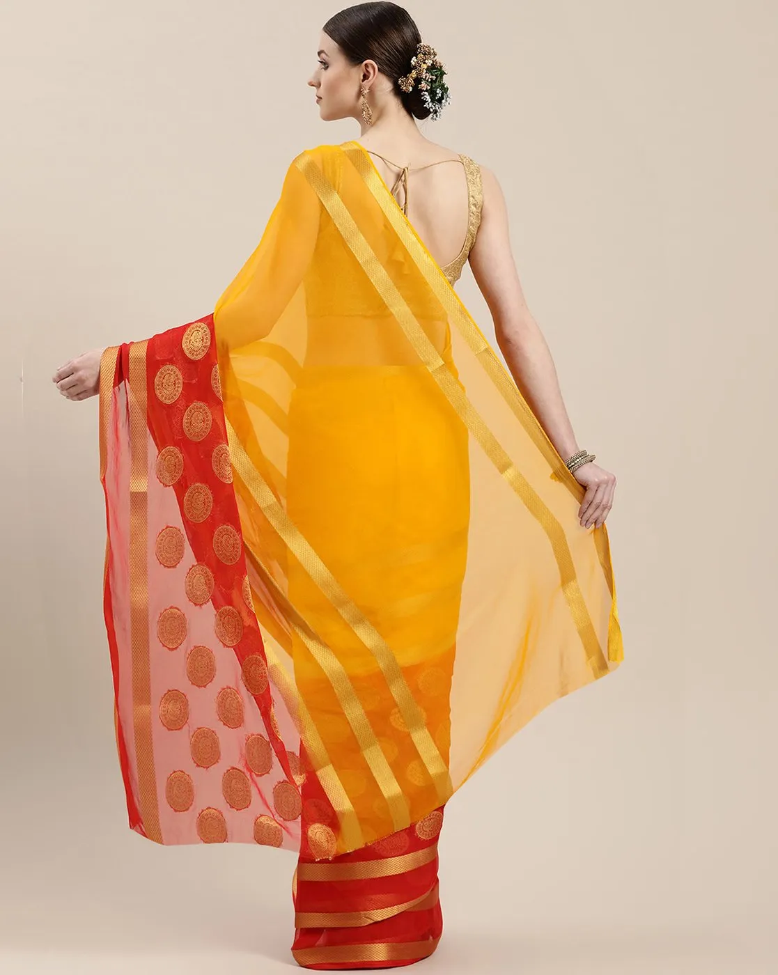 Ishin Poly Chiffon Orange Printed Women's Saree