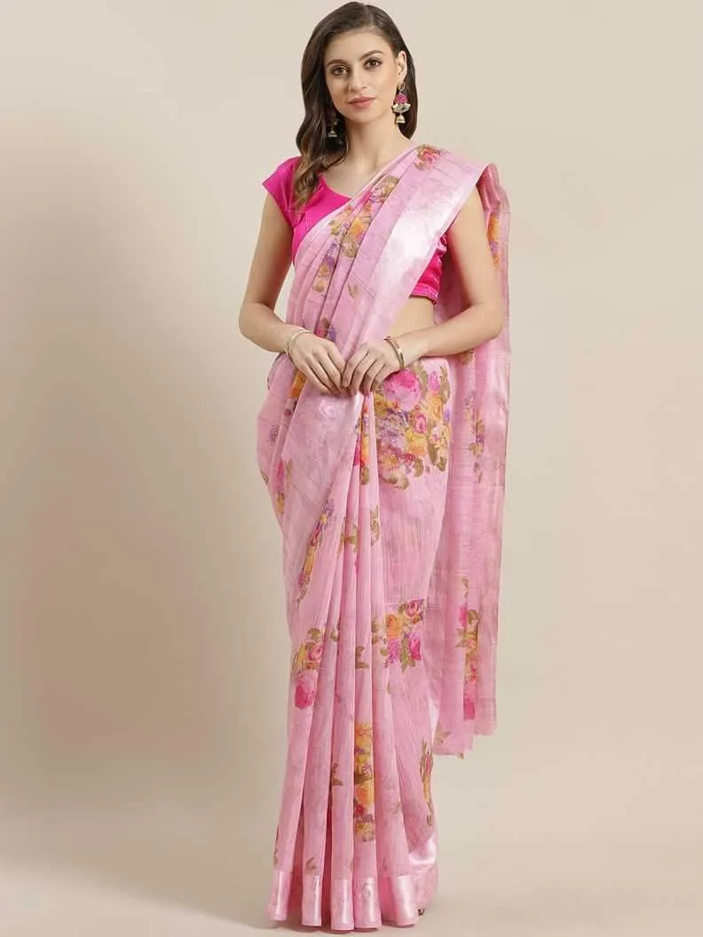 Ishin Poly Cotton Pink Printed Women's Saree