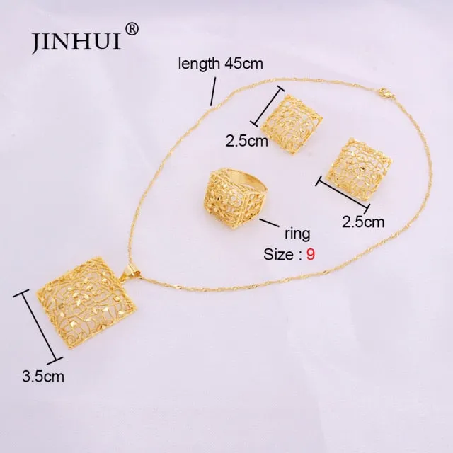 Jewelry sets Ethiopia 24K gold Dubai for women African Party wedding gifts Necklace and Earrings ring set 45cm Square Pendant