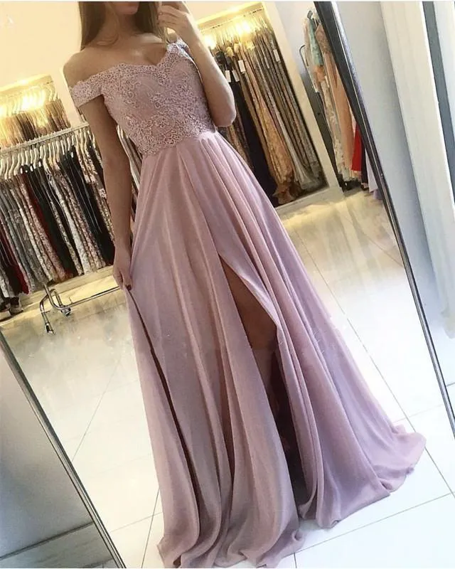 Lace Appliques Off Shoulder Long Chiffon Bridesmaid Dresses