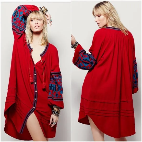 Lantern Sleeve Embroidered Dress In 6 Different Colors You Choose Button Front Shirt Dress Tassel Ties Wear It As A Duster Or Kimono Too Available In Small Medium Large Or Extra Large XL