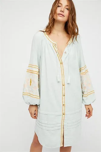 Lantern Sleeve Embroidered Dress In 6 Different Colors You Choose Button Front Shirt Dress Tassel Ties Wear It As A Duster Or Kimono Too Available In Small Medium Large Or Extra Large XL