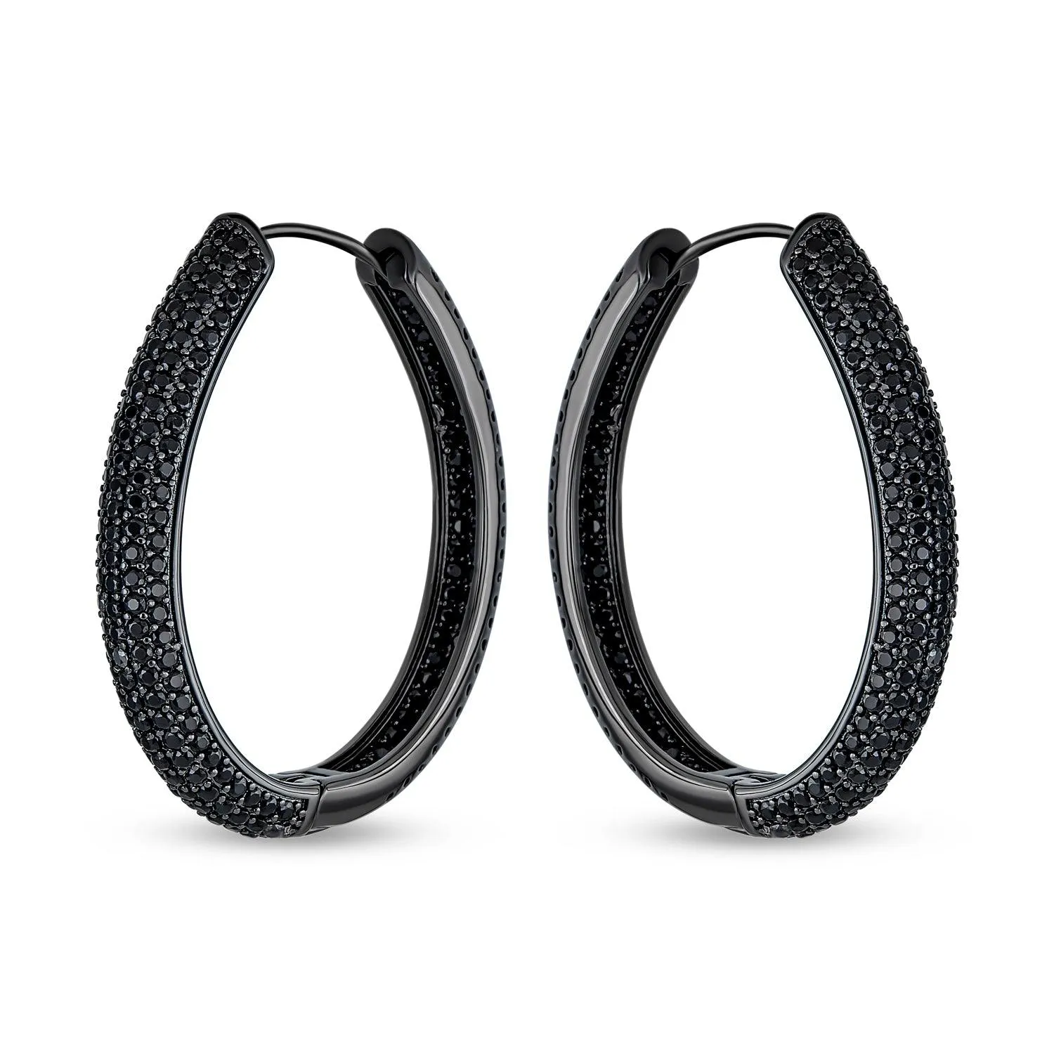 Large Black Pave CZ Oval Inside Out Hoops Earrings Prom Black Plated