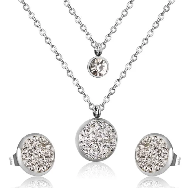 LUXUKISSKIDS Jewelry Set Stainless Steel Crystal Double Round Pendant Necklace Earring Wedding Dubai Jewelry Set For Women Girls