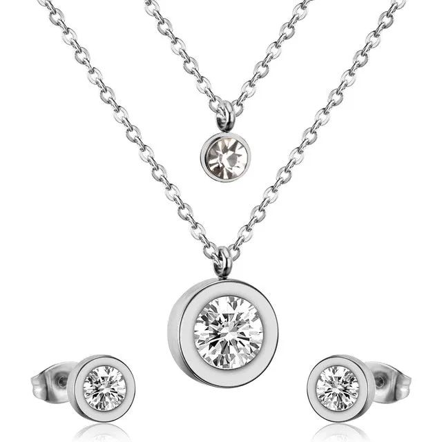 LUXUKISSKIDS Jewelry Set Stainless Steel Crystal Double Round Pendant Necklace Earring Wedding Dubai Jewelry Set For Women Girls