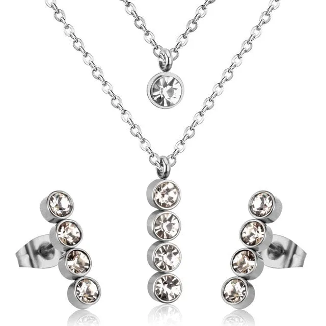 LUXUKISSKIDS Jewelry Set Stainless Steel Crystal Double Round Pendant Necklace Earring Wedding Dubai Jewelry Set For Women Girls