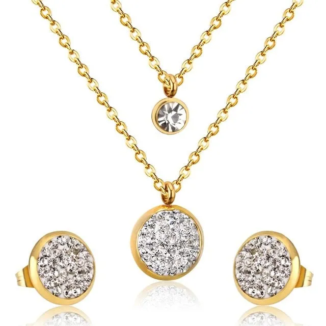 LUXUKISSKIDS Jewelry Set Stainless Steel Crystal Double Round Pendant Necklace Earring Wedding Dubai Jewelry Set For Women Girls