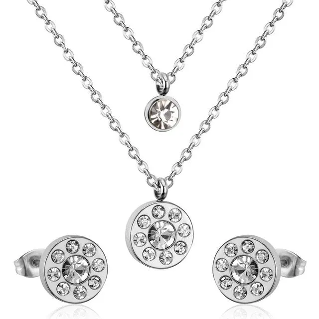 LUXUKISSKIDS Jewelry Set Stainless Steel Crystal Double Round Pendant Necklace Earring Wedding Dubai Jewelry Set For Women Girls