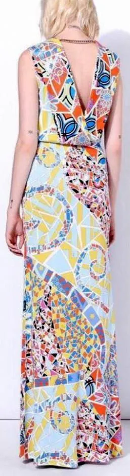 'Mosaico' Printed Crossover V-Neckline Long Jersey Silk Gown