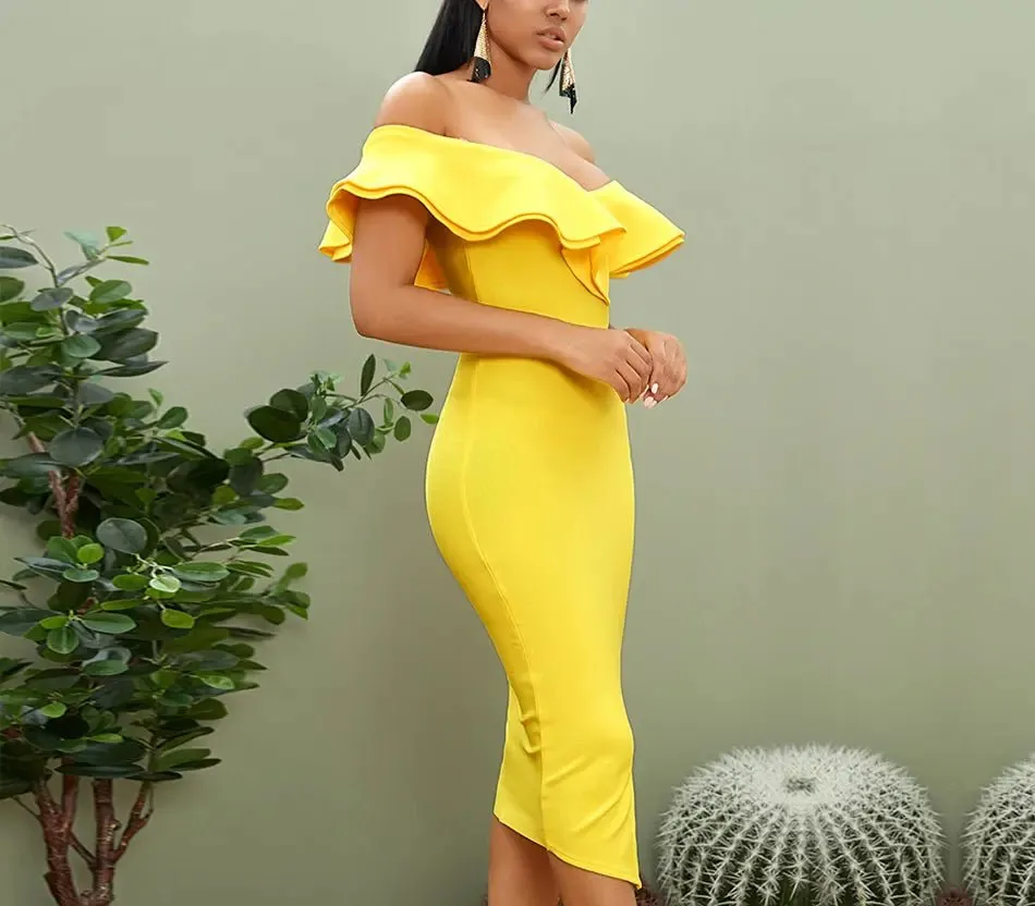 Off Shoulder Ruffles Midi Dress