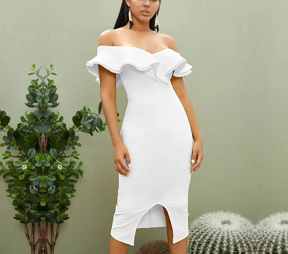 Off Shoulder Ruffles Midi Dress