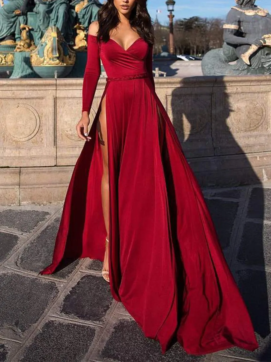 Off-the-shoulder Long-sleeve High-slit Long Dress