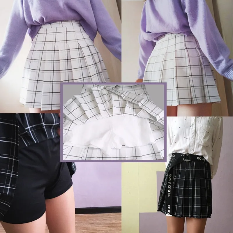 PEONFLY Sweet Women Pleated Skirt Fashion Plaid A-Line Mini High Waist Chic Skirt Kawaii Summer Casual Ladies Plaid Skirt