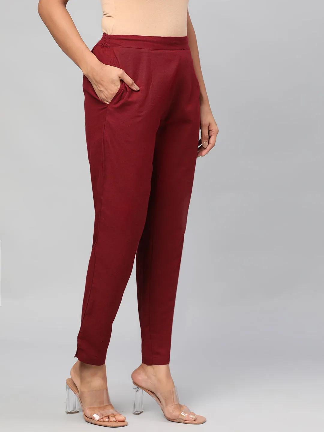 Plain Rayon Burgundy Trouser