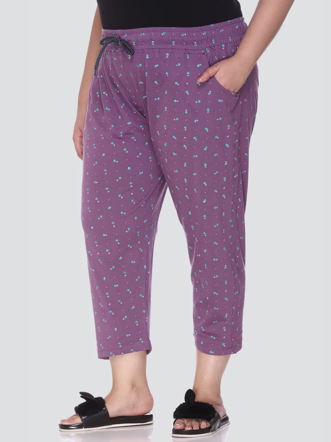 Plus Size Capri For Women - 3/4 Printed Pyjama - Purple